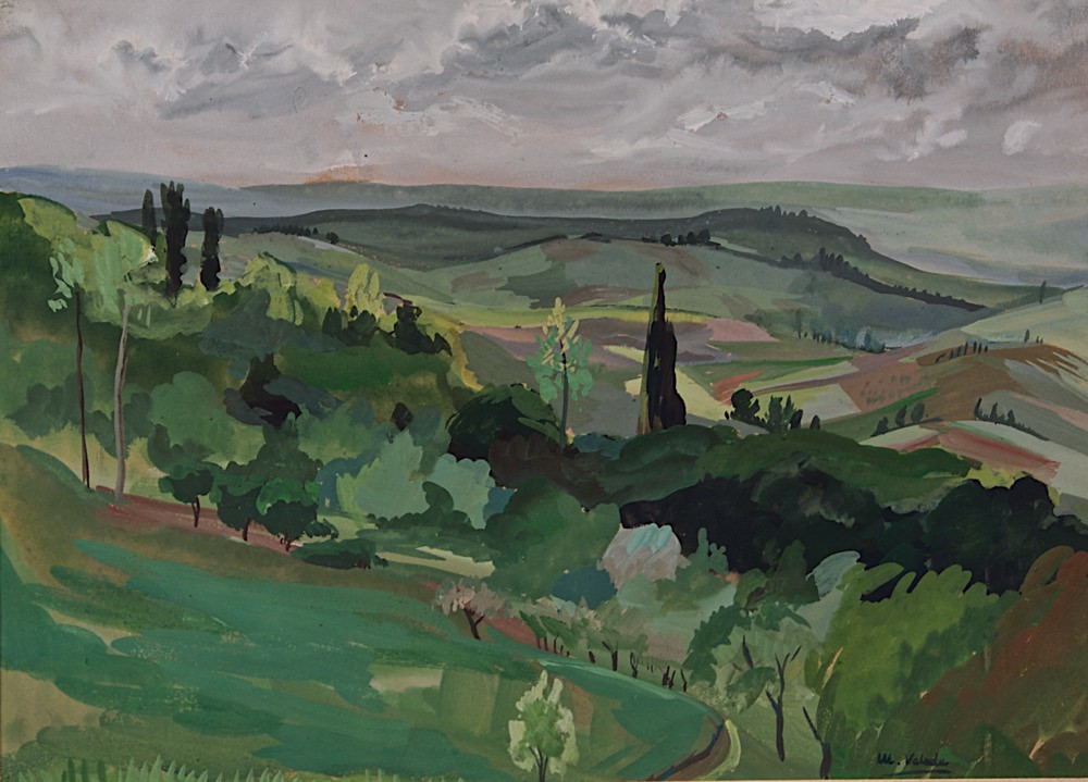 Marie Valade (sign&eacute; en bas &agrave; droite), &ldquo;Donzenac, le site des Sauli&egrave;res&ldquo;, circa 1960 - aquarelle sur papier 24x33 cm
