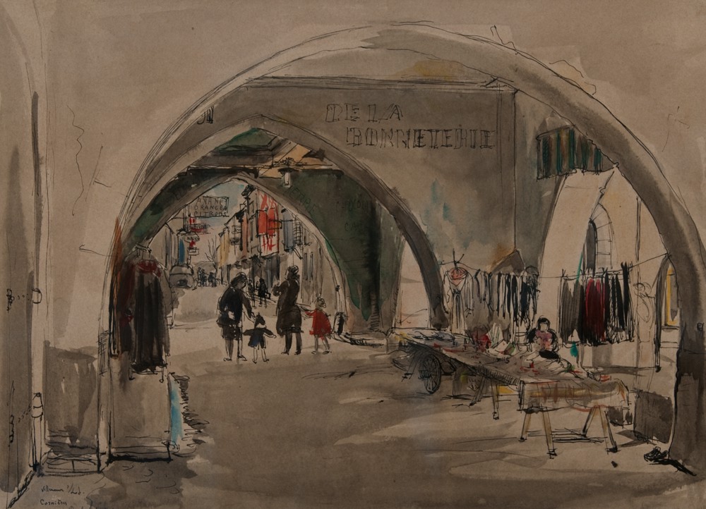 Marie Valade (non sign&eacute;), ldquo;Villeneuve-sur-Lot, Corni&egrave;res&ldquo;, ca.1950 - aquarelle sur papier 25x34 cm