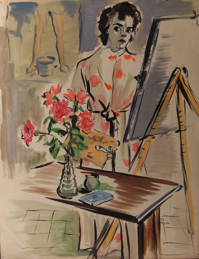 Marie Valade (sign&eacute; MF. en bas &agrave; droite), sans titre (autoportrait), 25 nov. 1949 - aquarelle sur papier 64x50 cm