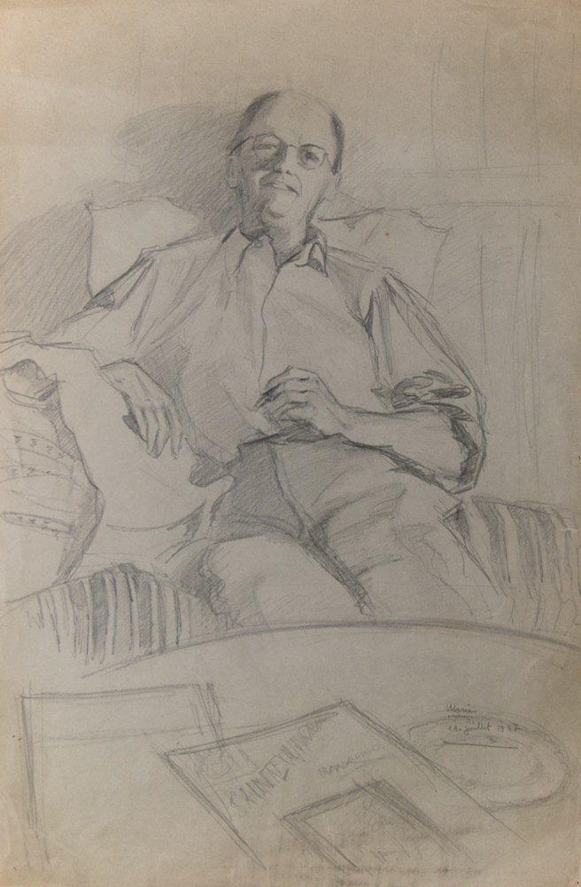 Marie Valade (sign&eacute; Marie, comme plusieurs portraits similaires, en bas &agrave; droite), sans titre (portrait du p&egrave;re de l&rsquo;artiste), 28 juillet 1947 - mine de plomb sur papier 50x33 cm