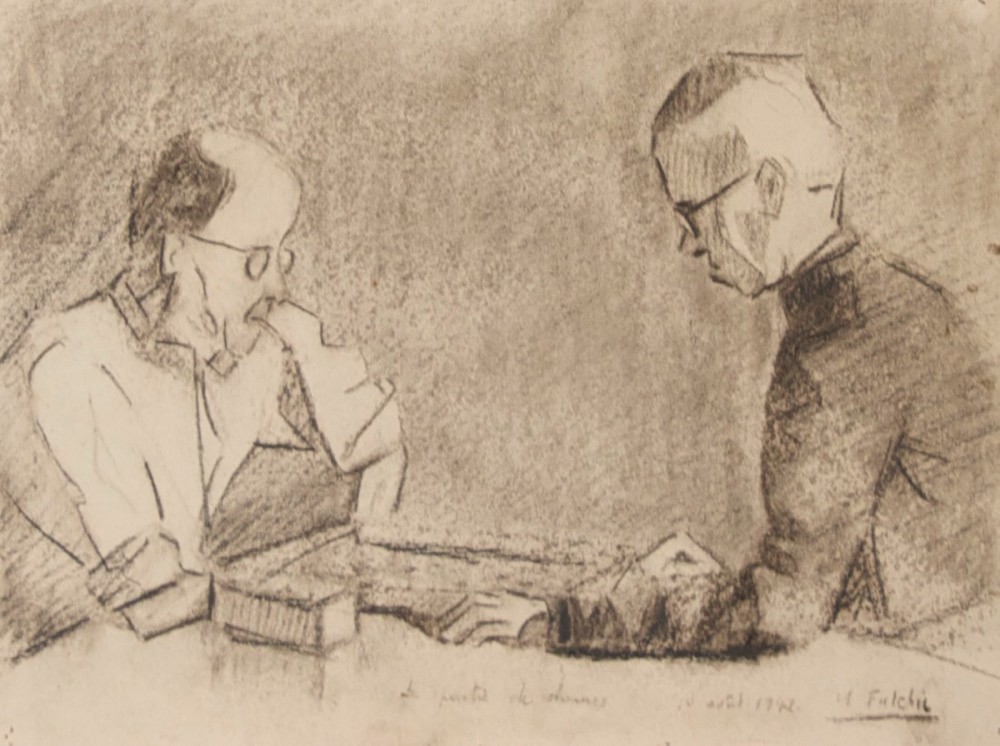 Marie Valade (sign&eacute; M. Fulchic en bas &agrave; droite), &ldquo;La partie de dames&rdquo;, 10 ao&ucirc;t 1942 - mine de plomb et fusain sur papier 24x32 cm