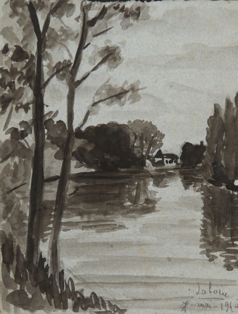 Marie Valade (sign&eacute; Laborie en bas &agrave droite), &ldquo;Bords du Lot, Sainte-Livrade&rdquo;, mai 1940 - lavis sur papier 22x17 cm