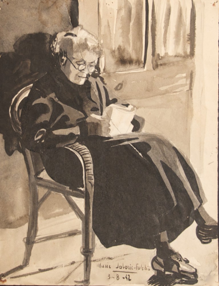 Marie Valade (sign&eacute; Marie Laborie-Fulchic en bas au centre), sans titre (portrait de la grand&rsquo;m&egrave;re de l&rsquo;artiste), 3 ao&ucirc;t 1942 - lavis sur papier 32x25 cm