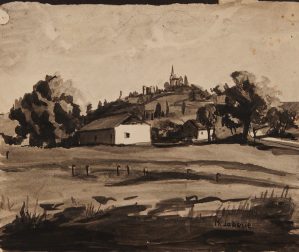 Marie Valade (sign&eacute; M. Laborie en bas &agrave; droite), &ldquo;La campagne Sainte-Livradaise (vue sur la colline de Dolmeyrac)&rdquo;, le 17 ao&ucirc;t 1941 - lavis sur papier 20x24 cm