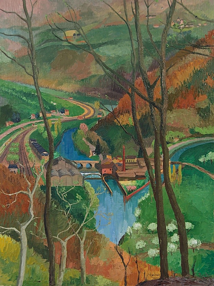 Marie Valade (sign&eacute; en bas &agrave; droite), &ldquo;La Corr&egrave;ze &agrave; Aubazine&rdquo;, ca.1968 - huile sur toile 60x46 cm
