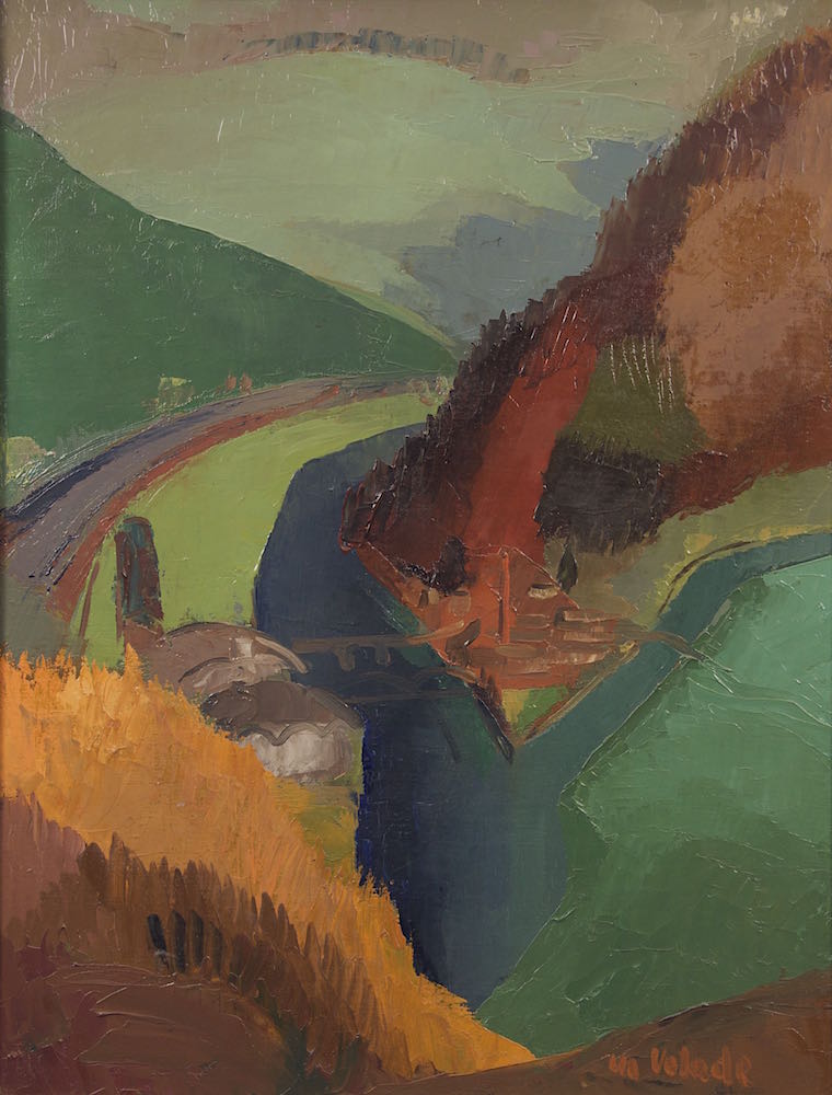Marie Valade (sign&eacute; en bas &agrave; droite), &ldquo;La Corr&egrave;ze &agrave; Aubazine&rdquo;, 1970 - huile sur toile 61x46 cm