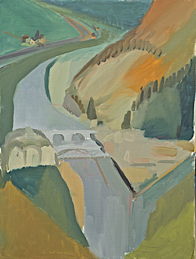 Marie Valade (non sign&eacute;), &ldquo;La Corr&egrave;ze &agrave; Aubazine&rdquo;, 1971. Gouache sur toile 61x46 cm